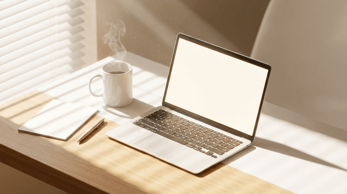 Laptop con dashboard Airbnb su scrivania minimalista in uno studio di consulenza