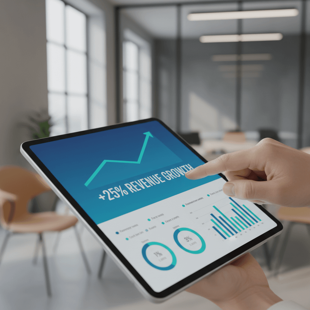 Mano che indica grafici di crescita su tablet con metriche di performance proprietà